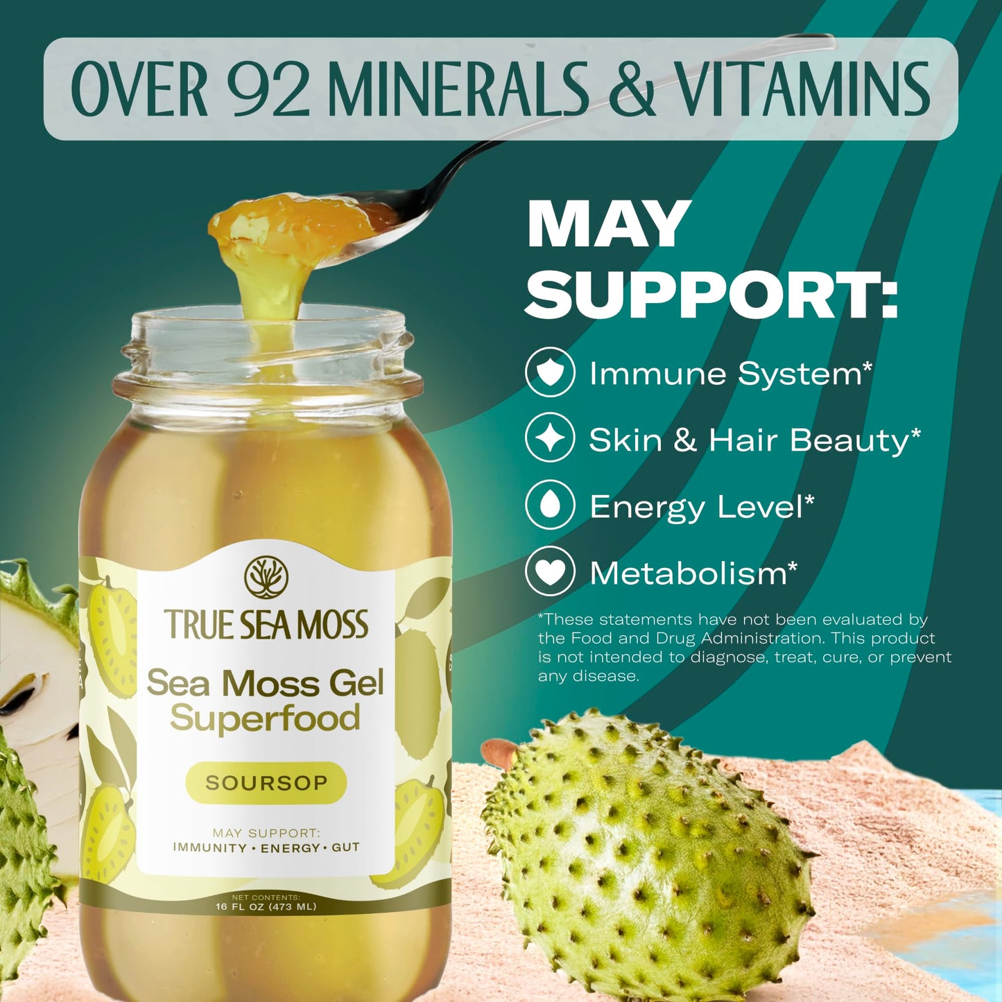 TrueSeaMoss Sea Moss Gel – Made in USA – Wildcrafted Seamoss, Fresh Fruits & Sea Vegetables – Soursop, Pack of 1 (Labels May Vary)